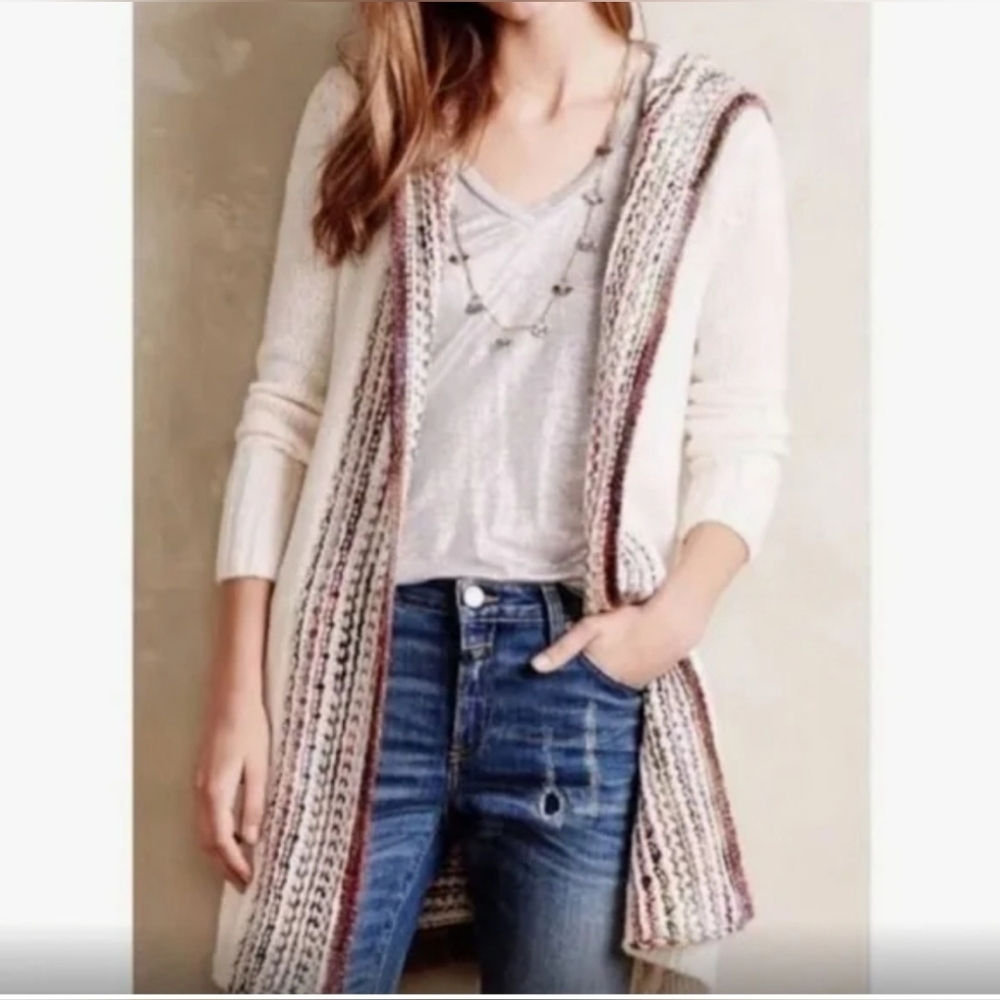Angel Of The North Cream Open-Front Cardigan with Multicolor Trim